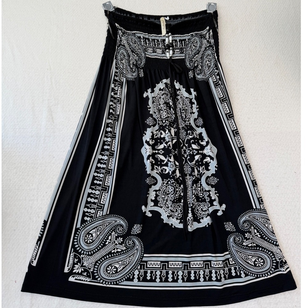 Y2K Cristinalove Strapless Midi Dress Smock Top Black White Paisley Medium